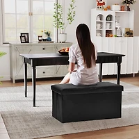 Homy Casa 2 Pack Folding Ottoman Chair with Storage, Black Faux Leather, Multipurpose Use