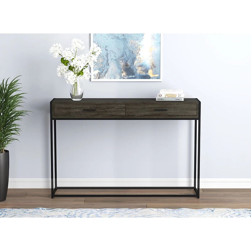 Safdie & Co. Table Console Bois Gris, 2 Tirroir Avec Base En Metal Noir