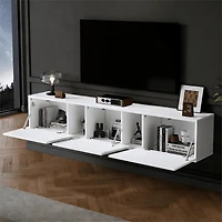 Meuble télé mural bas Noble House 64,9 pouces, éclairage DEL et 3 portes pour téléviseur 65 pouces, blanc