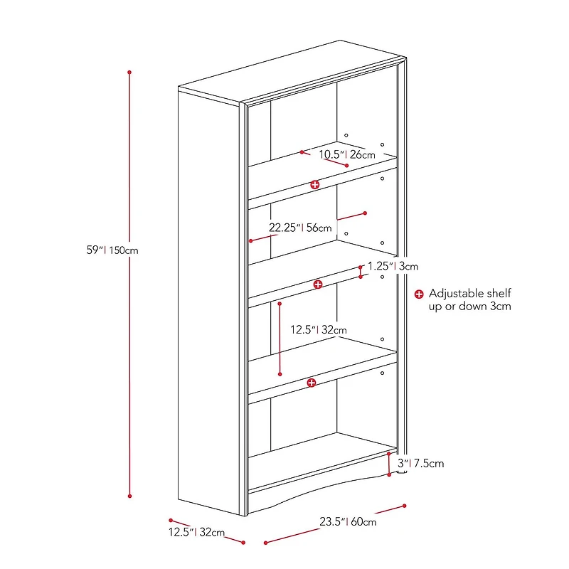 CorLiving Quadra Engineered Wood 4-Tier Adult Bookcase with 3 Adjustable Shelves