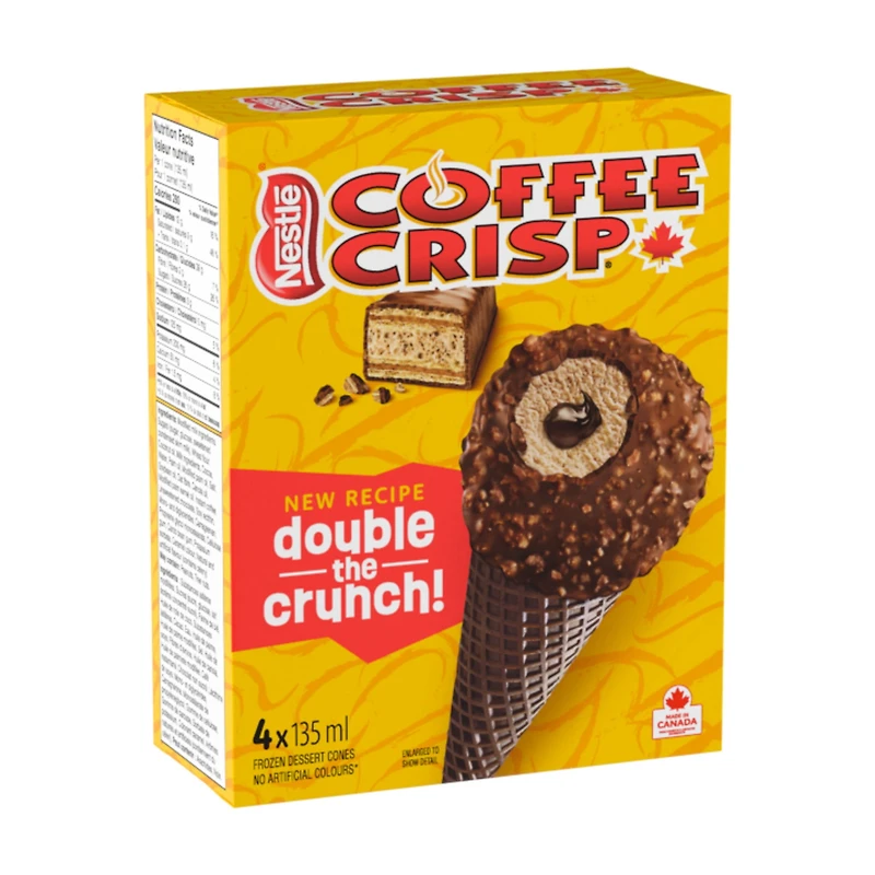 Cornets, dessert glacé au café avec centre au fondant et pépite chocolatée, dans un riche enrobage chocolaté aux gaufrettes croustillantes, cornet gaufre au chocolat, confectionnés au Canada 540 mL