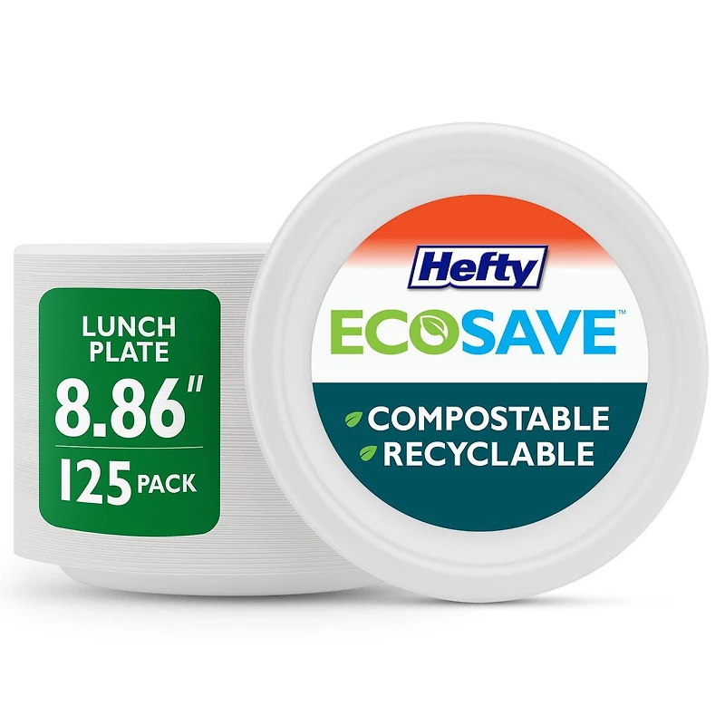 Hefty EcoSave® Assiettes à Lunch en Carton Assiette jetable compostable 8,86 po, 125 unités