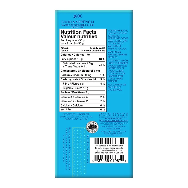 Chocolat au lait avec noisettes Lindt SWISS CLASSIC – Barre (100 g) 100 g