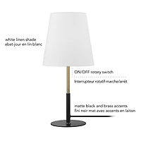 Lampe de table de 16 po noir mat/laiton/lin blanc<br>