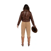 Déguisement INDIANA JONES adulte femme - chemise et veste avec logo, pantalon, ceinture à boucle et chapeau