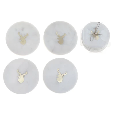 Lot De 4 Sous-Verres Ronds En Marbre Blanc Avec Incrustations En Laiton En Forme De Tête De Cerf (10 X 10 Cm)
