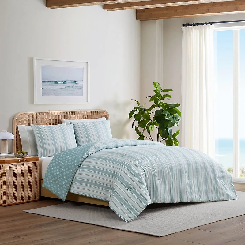 C&C California Printed Stripe Reversible Comforter Set, 100% Cotton, Breathable, All-Season Comfort , 3 piece, King, Blue