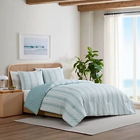 C&C California Printed Stripe Reversible Comforter Set, 100% Cotton, Breathable, All-Season Comfort , 3 piece, King, Blue