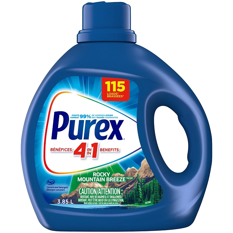 Purex Rocky Mountain Breeze, Concentrated Liquid Laundry Detergent with 4in1 benefits, Tough on Stains, Brightens and Whitens Clothes, 3.85L, 115 Wash Loads, HE Compatible
