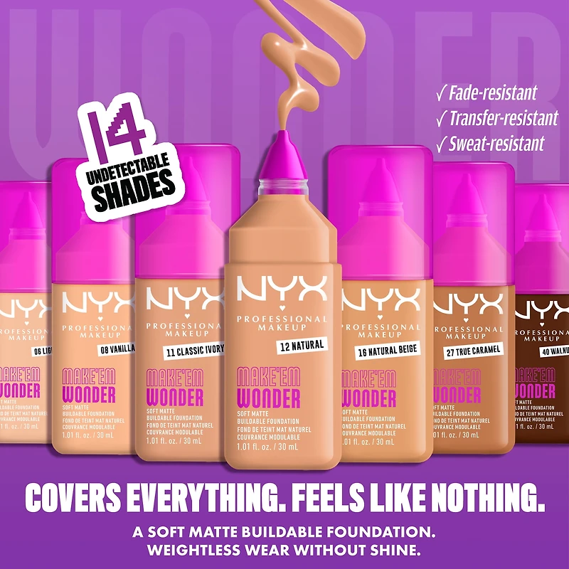 NYX Professional Makeup Make 'Em Wonder Fond de Teint Mat Naturel, Teinte: Natural Beige