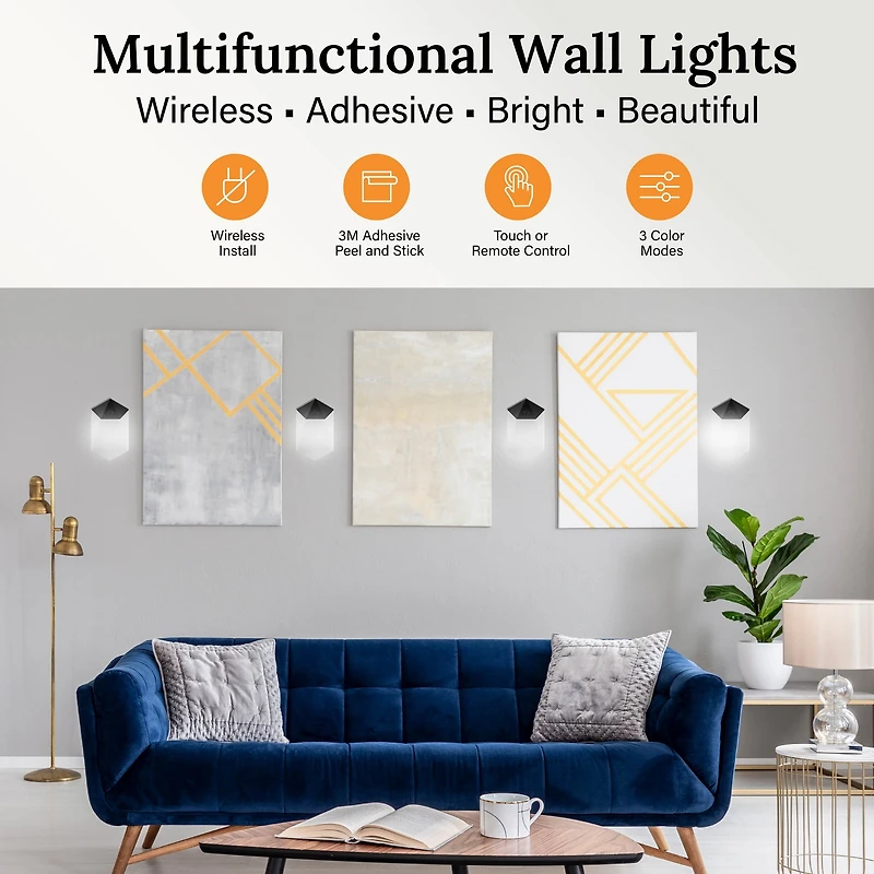 Bell + Howell Diamond Touch Ensemble de 3 Lumières Murales DEL Noires avec Télécommande et Modes de Couleur