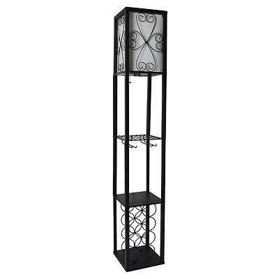 Simple Designs Floor Lamp Etagere Organizer Storage Shelf and Wine Rack with Linen Shade