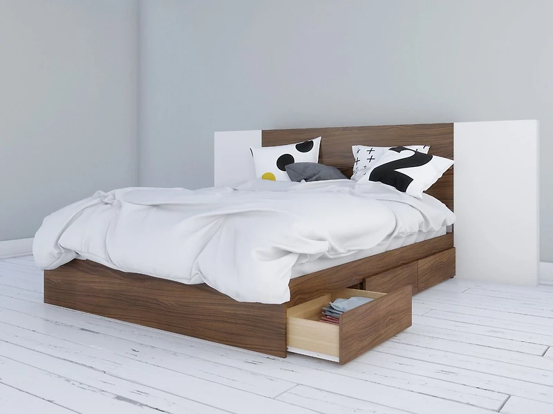 Nexera Lit rangement et tête de lit Foliage avec 2 panneaux extension, Noyer et Blanc