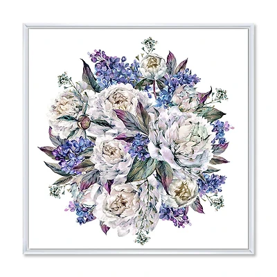 Designart Bouquet Peonies In White and Blue FLOAT FRAME WALL ART