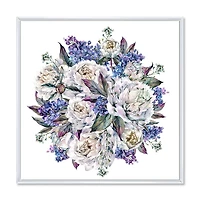 Designart Bouquet Peonies In White and Blue FLOAT FRAME WALL ART