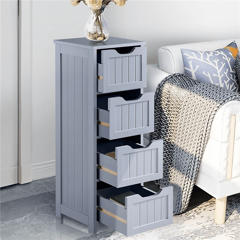 FullFurnique Armoire de Salle de Bain Autoportante en Bois avec 4 Tiroirs, Gris