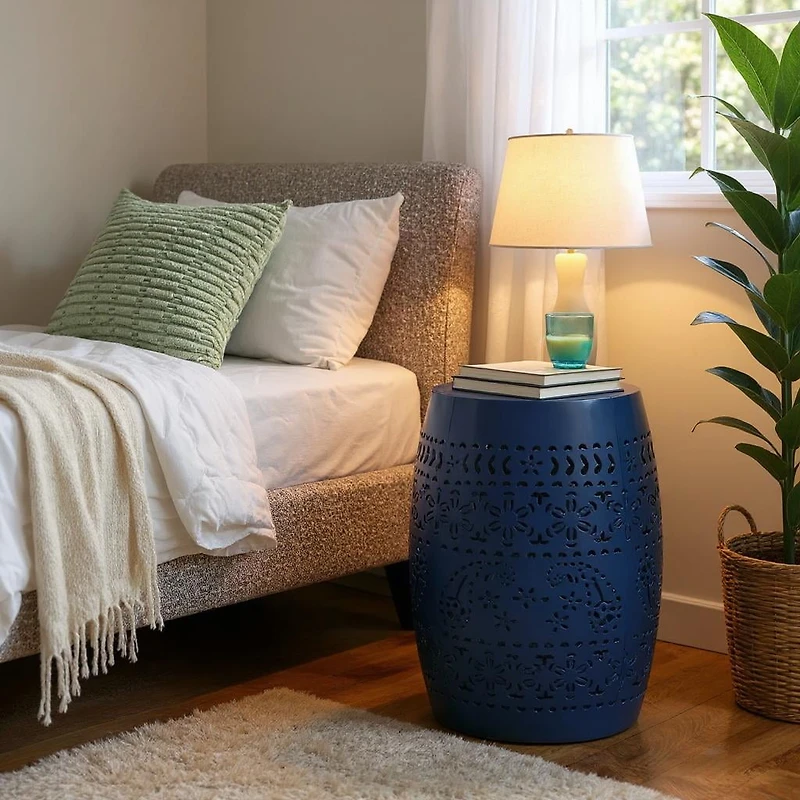Homy Casa Lace-Cut Barrel-Shaped End Table for Patio, Garden, or Living Room