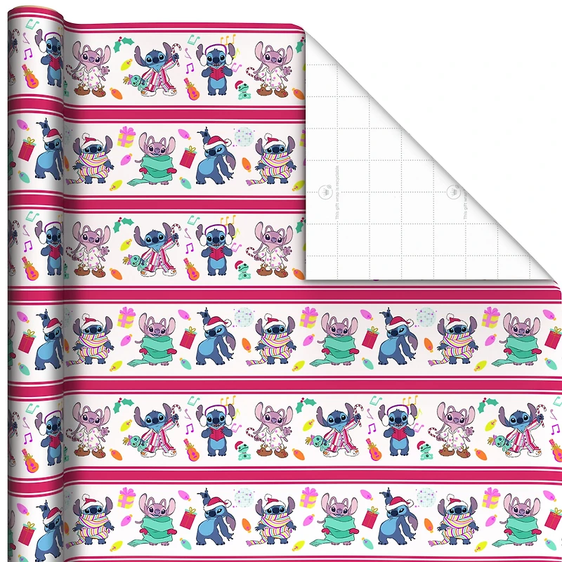 Paquet de 3 rouleaux de papier cadeau aux motifs variés des fêtes, Stitch et Angel, avec lignes de découpage au verso