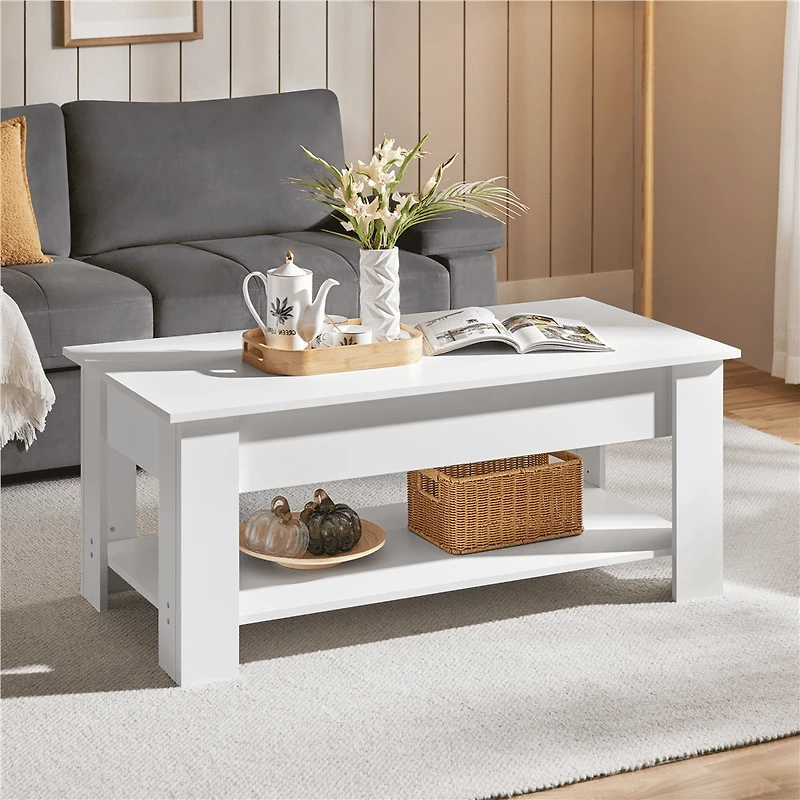 Fullfurnique Lift Top Coffee Table with Large Hidden Compartment and Storage Open Shelf, White