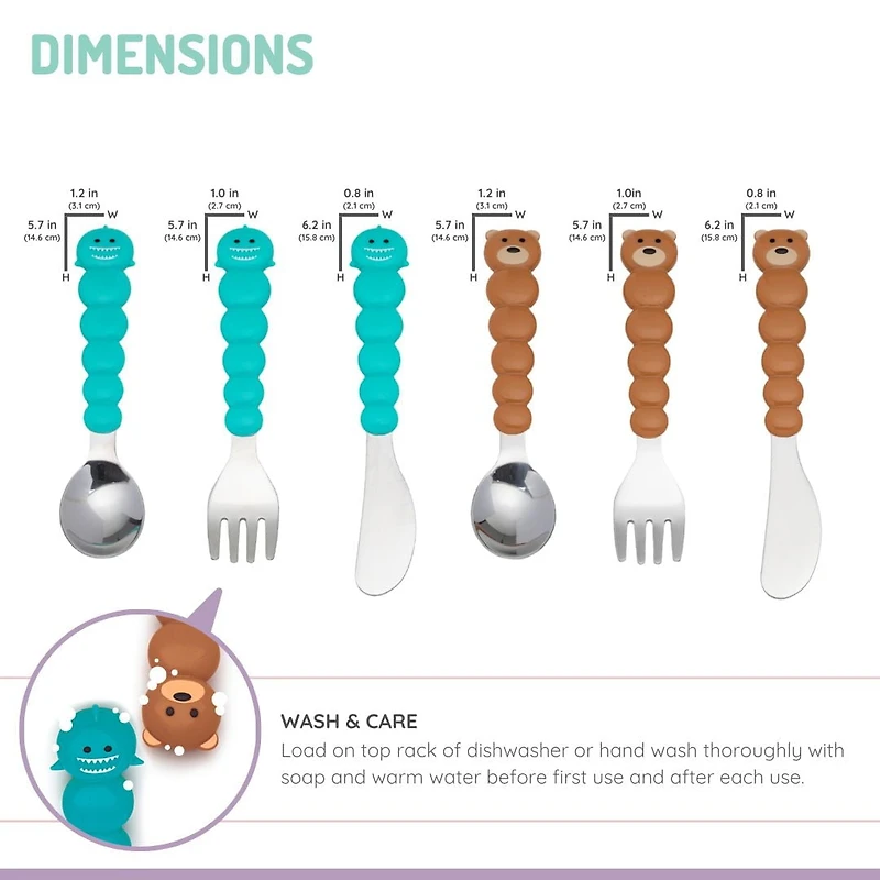 melii Spoon, Fork & Knife Set, Stainless Steel – Bulldog, Cat, Shark, Bear – BPA Free, Dishwasher safe