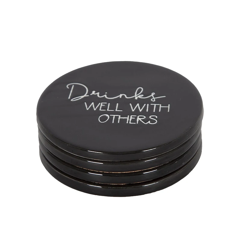 Linden Porcelain 4 Piece Coaster Set with Black Finish, Assorted Sayings, 3.9in Diameter