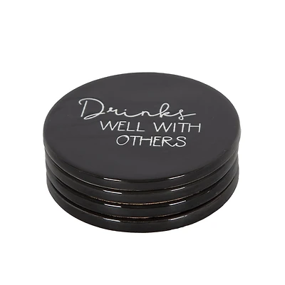 Linden Porcelain 4 Piece Coaster Set with Black Finish, Assorted Sayings, 3.9in Diameter