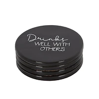 Linden Porcelain 4 Piece Coaster Set with Black Finish, Assorted Sayings, 3.9in Diameter