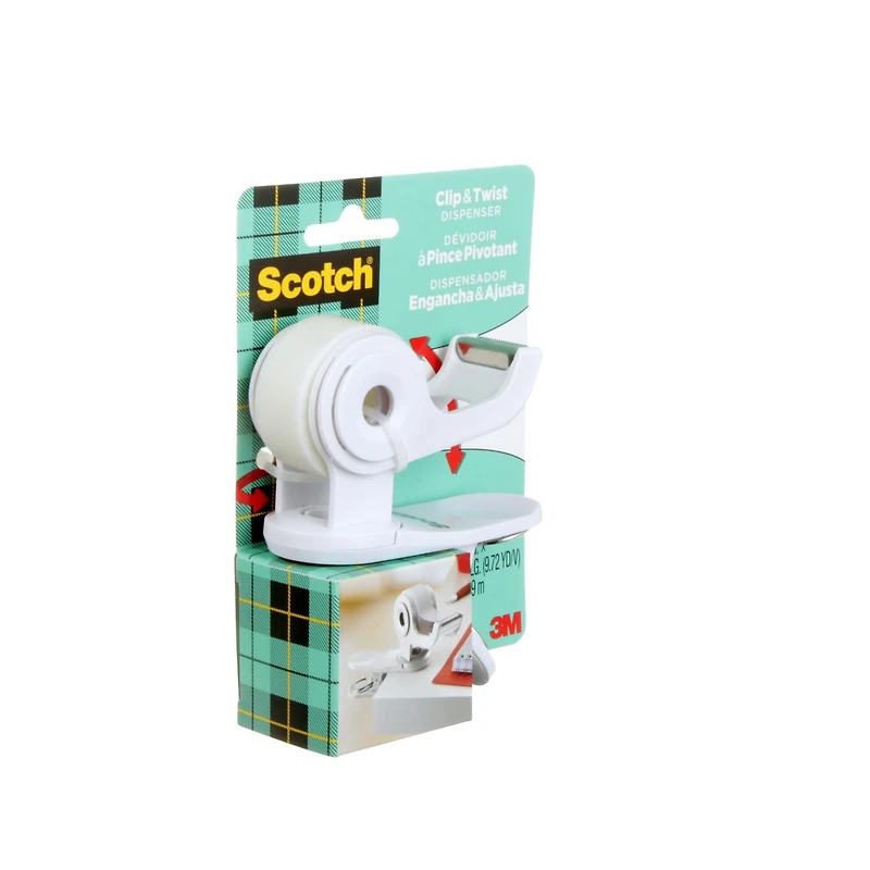 Dévidoir de ruban de bureau Scotch® C19-CLIP-SR-W, à pince pivotante, 19 mm x 8,89 m (0,75 po x 350 po) Dévidoir de ruban