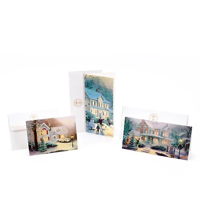 Assortiment de cartes de Noël dans une boîte, Thomas Kinkade, Hallmark, maisons enneigées (40 cartes et enveloppes, et sceaux métallisés)