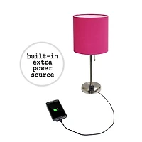 LimeLights Brushed Steel Stick Lamp with Charging Outlet and Fabric Shade 2 Pack Set