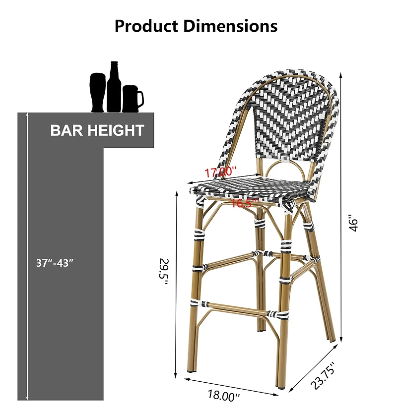 Noble House Outdoor Bar Stools Set of 4,PE Rattan French Barstool,Black+White