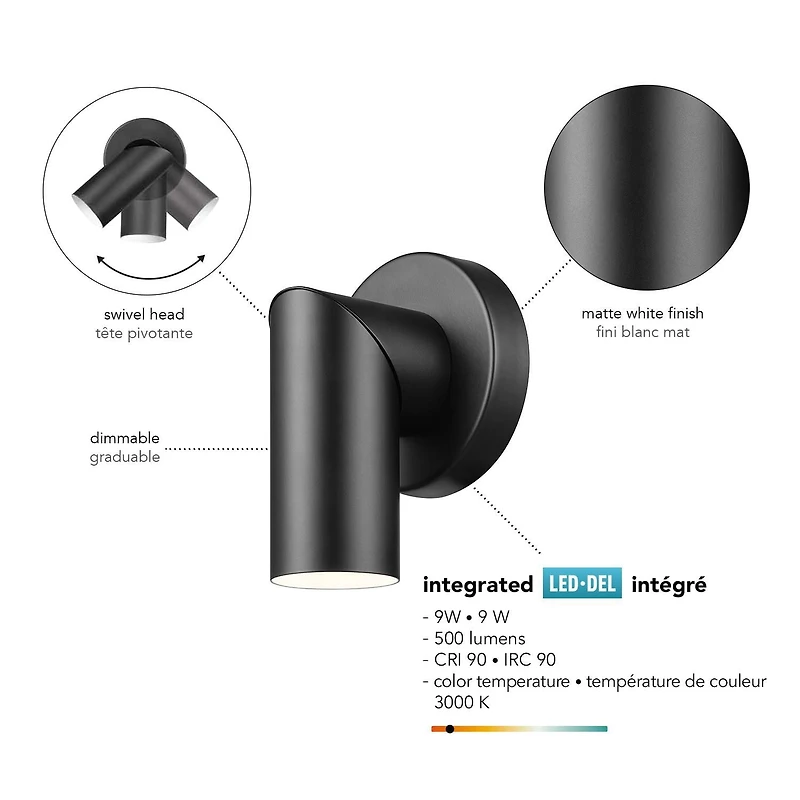 Projecteur convertible pour le mur ou le plafond de 4,5 po à DEL intégrées, noir mat à tête pivotante