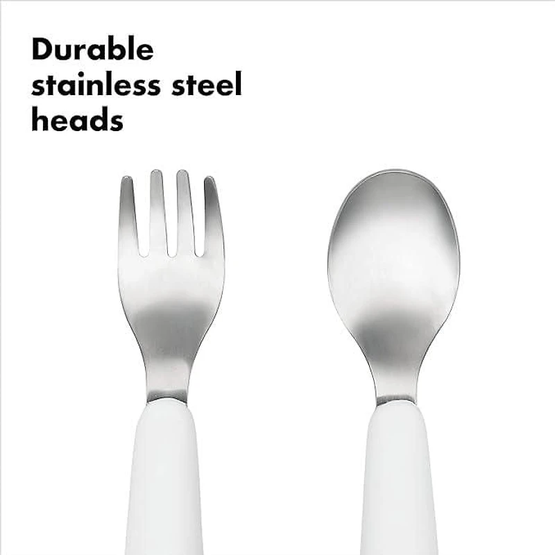 OXO Tot - Fork & Spoon Set - Baby Feeding Stainless Steel Sized for Little Mouths from 12 Months and Up - Gray