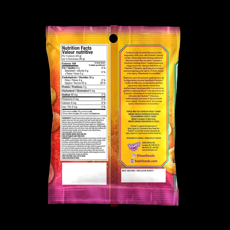 Huer, Cholula Chamoy, Spicy Fruity Rings, 100g, Bag,  Peanut and Tree Nut Free