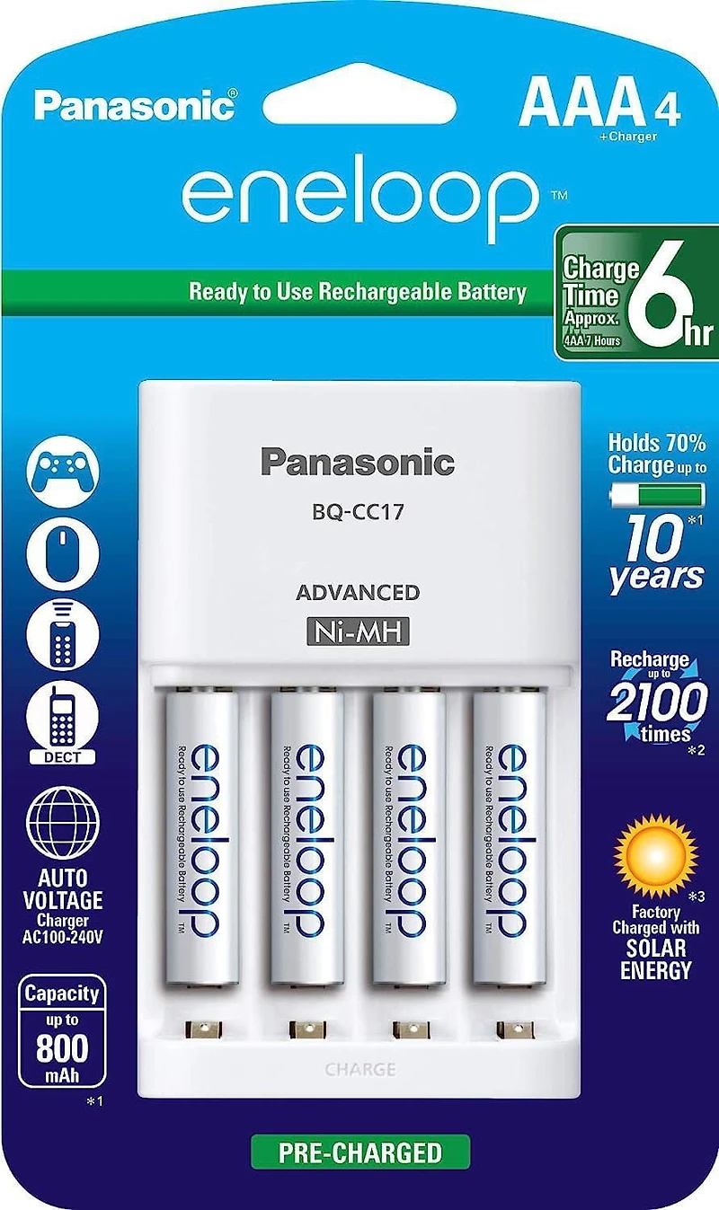 Panasonic Eneloop Lot de 4 chargeurs de batterie avec piles rechargeables AAA eneloop AAA 2100 cycles (Paquet de 4)