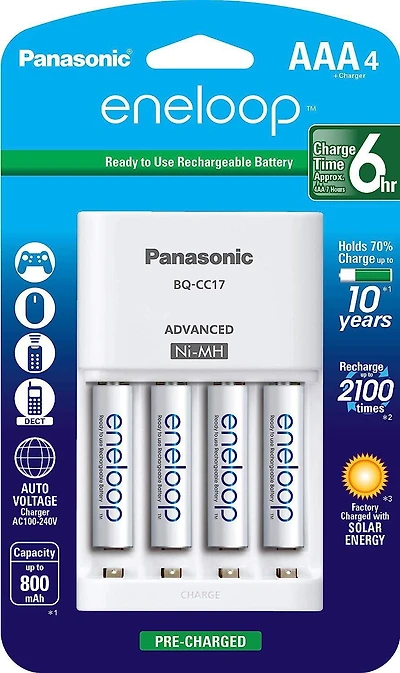Panasonic Eneloop Lot de 4 chargeurs de batterie avec piles rechargeables AAA eneloop AAA 2100 cycles (Paquet de 4)