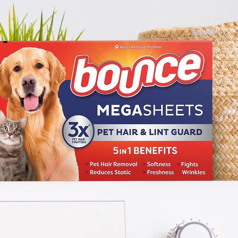 Bounce Pet Hair and Lint Guard Mega Dryer Sheets with Hair Fighters, Fresh Scent 180CT