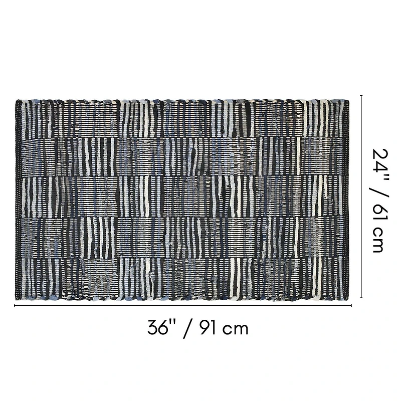 Tapis de chiffon fait main en cuir denim damier Fabstyles pour salon, couloir, patio