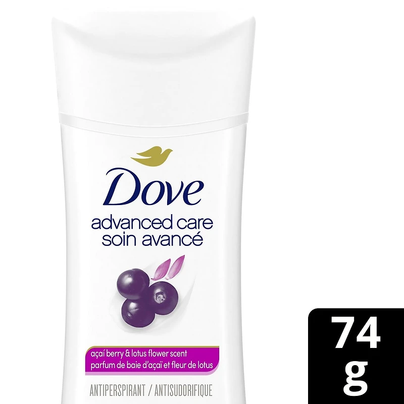 Antisudorifique désodorisant pour femme Dove Soin Avancé Parfum de Baie d'Açaï et Fleur de Lotus avec technologie pro-céramides pour une peau douce et résistante 74g