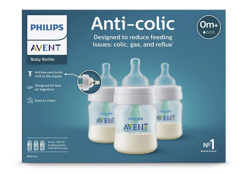 Philips Avent Anti-colic Baby Bottle with AirFree Vent 4oz, 3 pack, SCY701/03