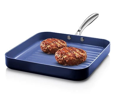 GraniteStone Blue Nonstick 10.5” Grilling Pan, Diamond Infused, Metal Utensil Sear Ridges for Grease Draining, Stay Cool Stainless-Steel Handle Oven & Dishwasher Safe, 100% PFOA Free
