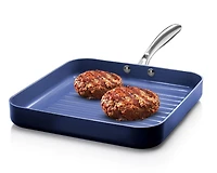 GraniteStone Blue Nonstick 10.5” Grilling Pan, Diamond Infused, Metal Utensil Sear Ridges for Grease Draining, Stay Cool Stainless-Steel Handle Oven & Dishwasher Safe, 100% PFOA Free