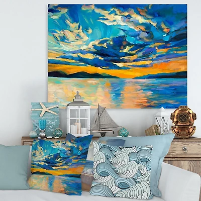 Designart Nuageux grand ouvert coucher de soleil sur l'horizon de l'océan Art mural sur toile