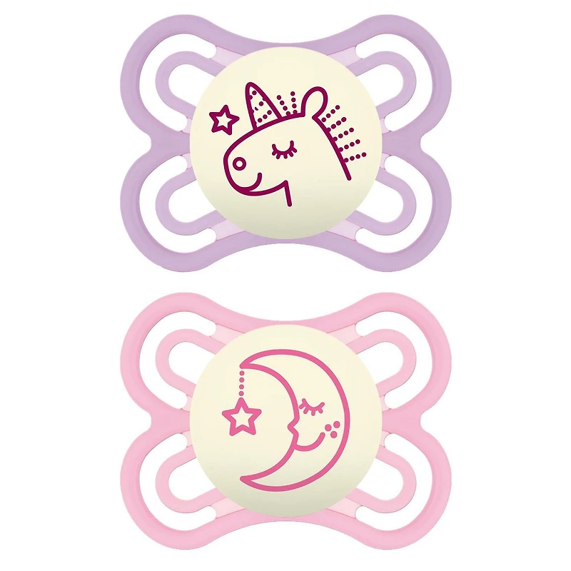 MAM Perfect Night Pacifiers, Glow in the Dark Pacifiers (2 pack) MAM Pacifiers 0-6 Months, Best Pacifier for Breastfed Babies, Baby Girl Pacifier