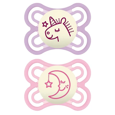 MAM Perfect Night Pacifiers, Glow in the Dark Pacifiers (2 pack) MAM Pacifiers 0-6 Months, Best Pacifier for Breastfed Babies, Baby Girl Pacifier