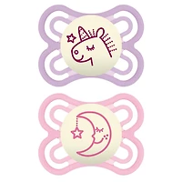 MAM Perfect Night Pacifiers, Glow in the Dark Pacifiers (2 pack) MAM Pacifiers 0-6 Months, Best Pacifier for Breastfed Babies, Baby Girl Pacifier