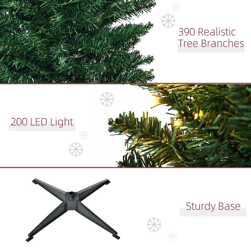 HOMCOM Sapin de Noël artificiel mince pré-illuminé de 1,8 m avec 390 pointes et 200 lumières LED blanc chaud