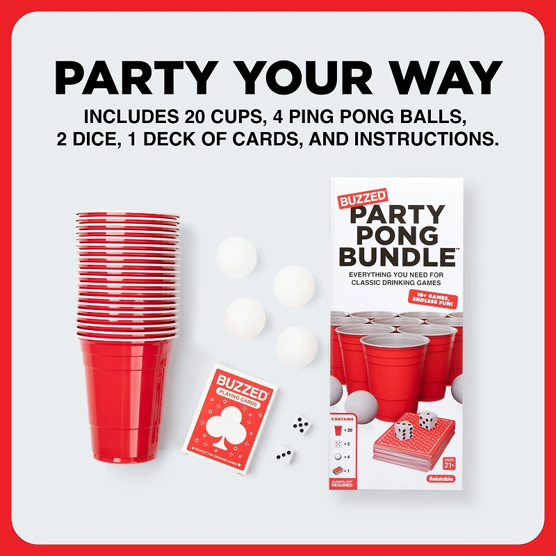 Party Pong Bundle par Buzzed – Kit de jeux à boire pour adultes avec 20 gobelets, 4 balles de ping-pong, 2 dés, un jeu de cartes et instructions pour 10+ jeux Pack de pong de fête