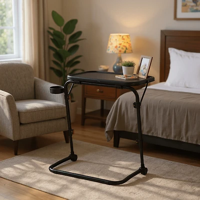 Homy Casa Portable Folding End Table with Cup Holder and Wheels for Couch, Bedside, and Small Spaces