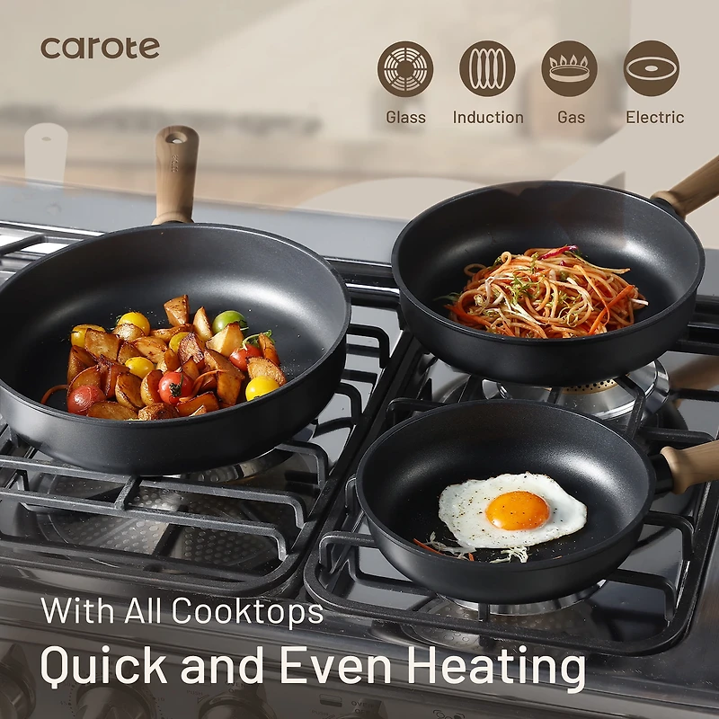 Carote Titanium Nonstick Pots and Pans Set, Carote Titanium Nonstick Pots and Pans Set, 15 Pieces Kitchen Induction Cookware Set with Silicone Tools and Pan Protector, Dishwasher Safe, Black